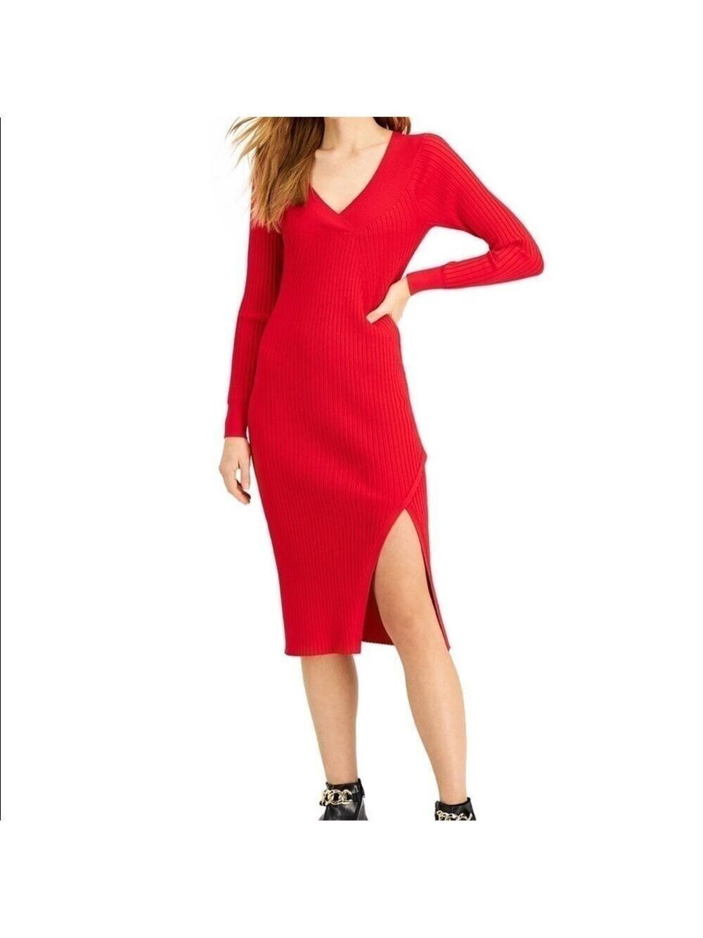 INC Red Ribbed Long Sleeves Sweater Dress Size XL Holiday